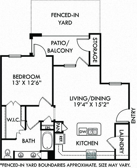 Floor plan for 1 bed, 1 bath, 820 sqft